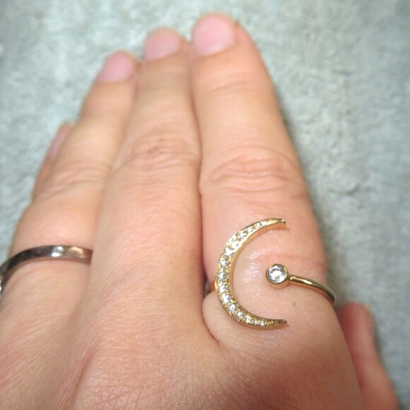 Half Moon Crescent Diamond White Sapphire 14K Yellow Gold Ring Ring - Picture 3 of 17